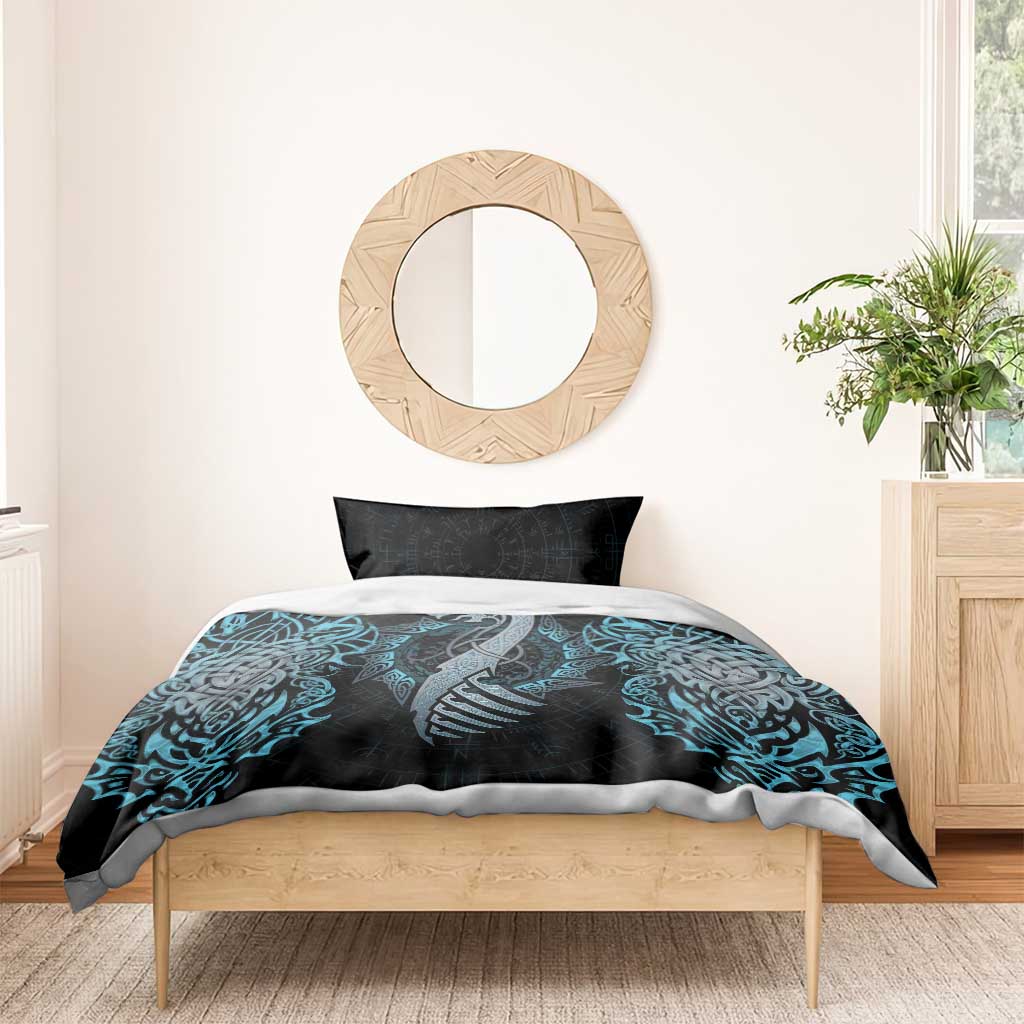 Blue and black dragon rune bedding set with duvet and two pillowcases