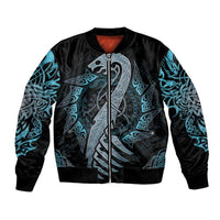 Unisex bomber jacket in dark blue and black with large dragon rune graphic, front zipper.