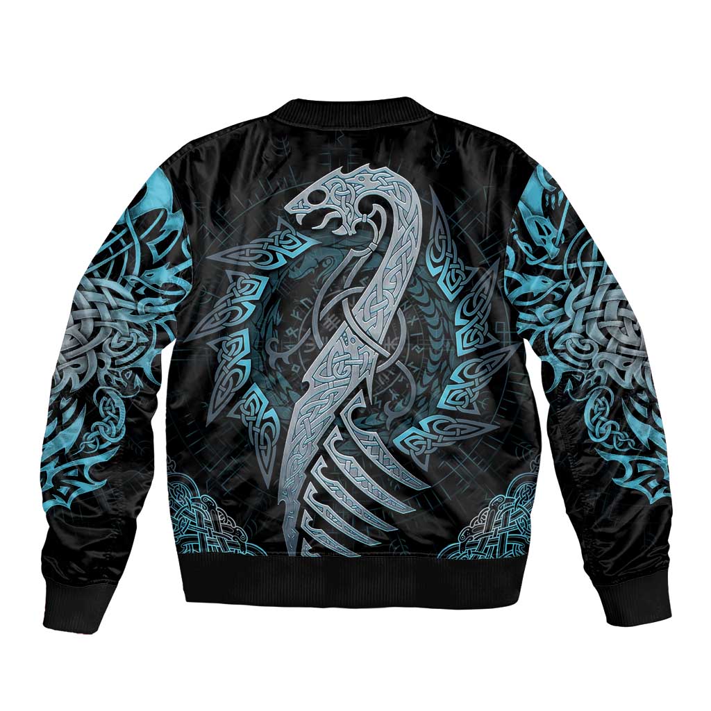 Unisex bomber jacket in dark blue and black with centered dragon rune print, ribbed cuffs.