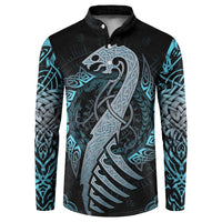 Black long-sleeve henley sweatshirt with large blue dragon rune print and button neckline