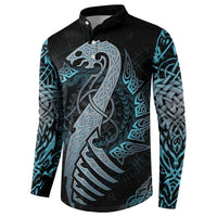 Black henley sweatshirt with centered blue dragon rune emblem and knotwork sleeve panels