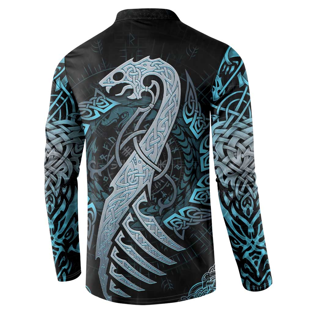 Black long-sleeve henley sweatshirt with blue dragon rune graphic on the back