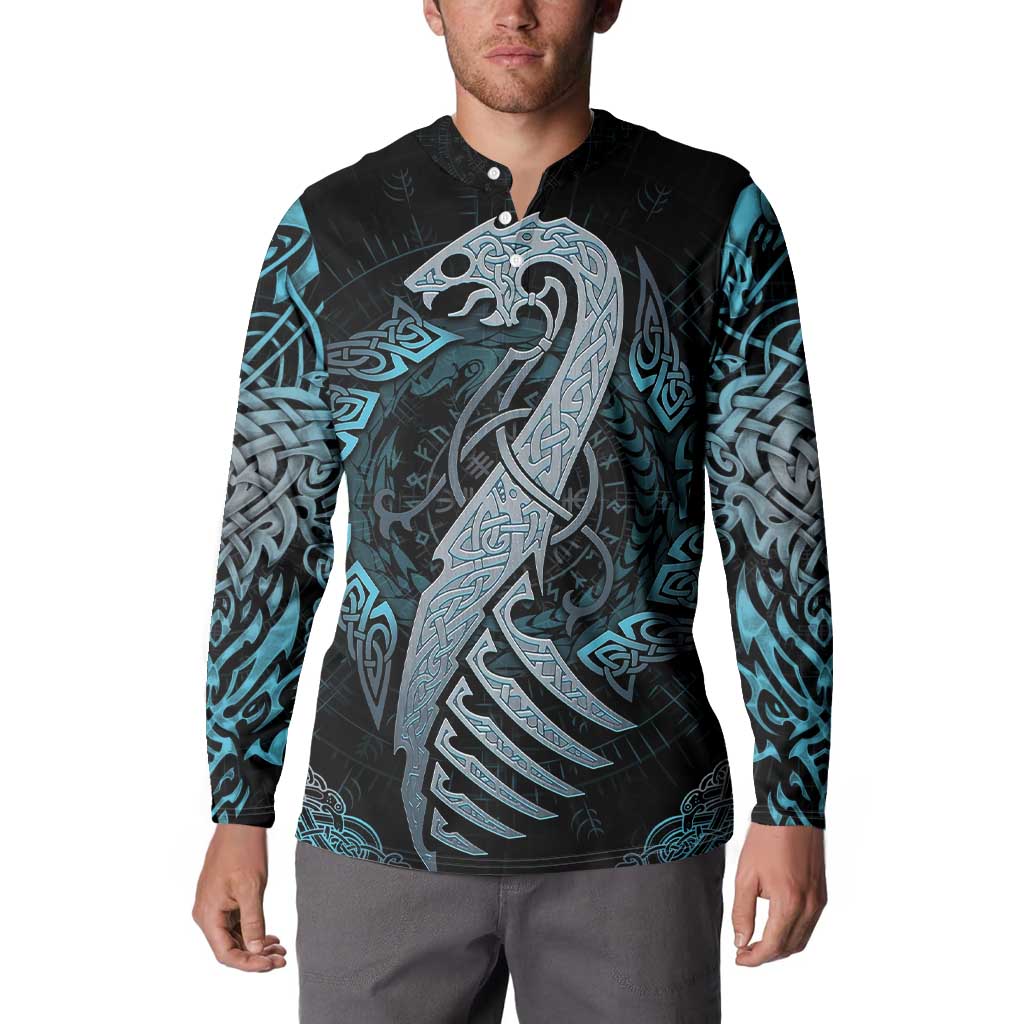 Black henley sweatshirt with blue dragon and runes graphic, long sleeves, button placket