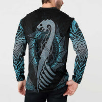 Black henley sweatshirt back view with large blue dragon rune print and braided sleeve design