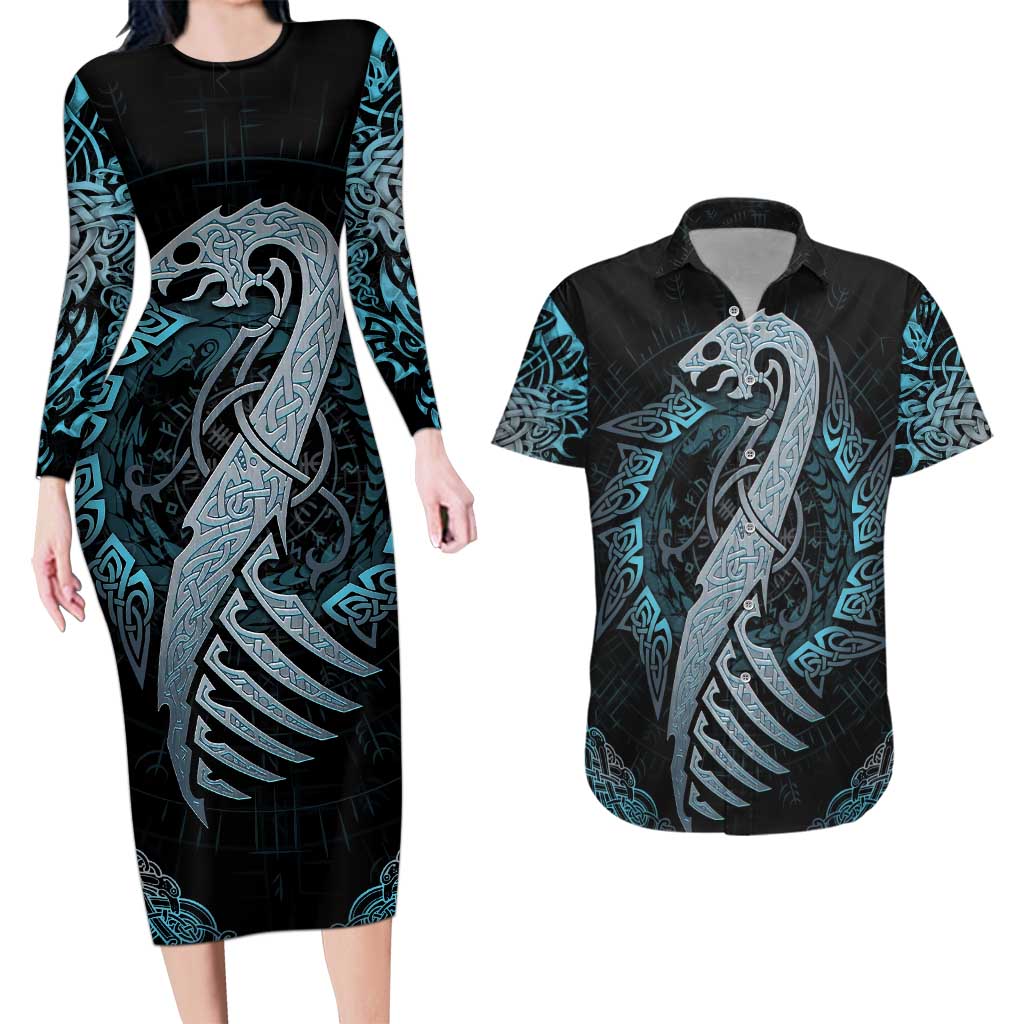 Dragon Viking With Runes Couples Matching Long Sleeve Bodycon Dress and Hawaiian Shirt Blue Black - Wonder Print Shop