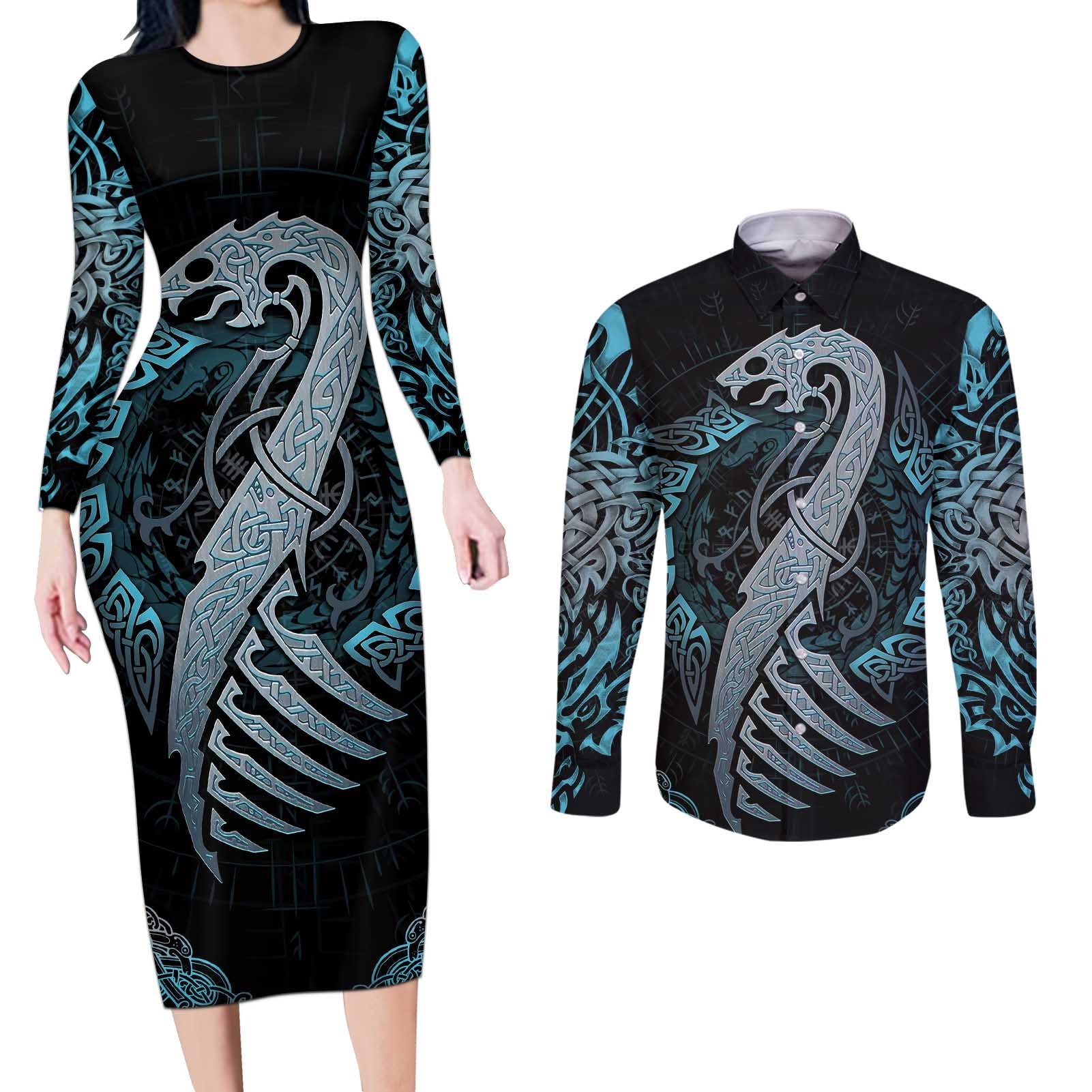 Dragon Viking With Runes Couples Matching Long Sleeve Bodycon Dress and Long Sleeve Button Shirt Blue Black - Wonder Print Shop