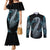 Dragon Viking With Runes Couples Matching Mermaid Dress and Long Sleeve Button Shirt Blue Black