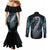 Dragon Viking With Runes Couples Matching Mermaid Dress and Long Sleeve Button Shirt Blue Black