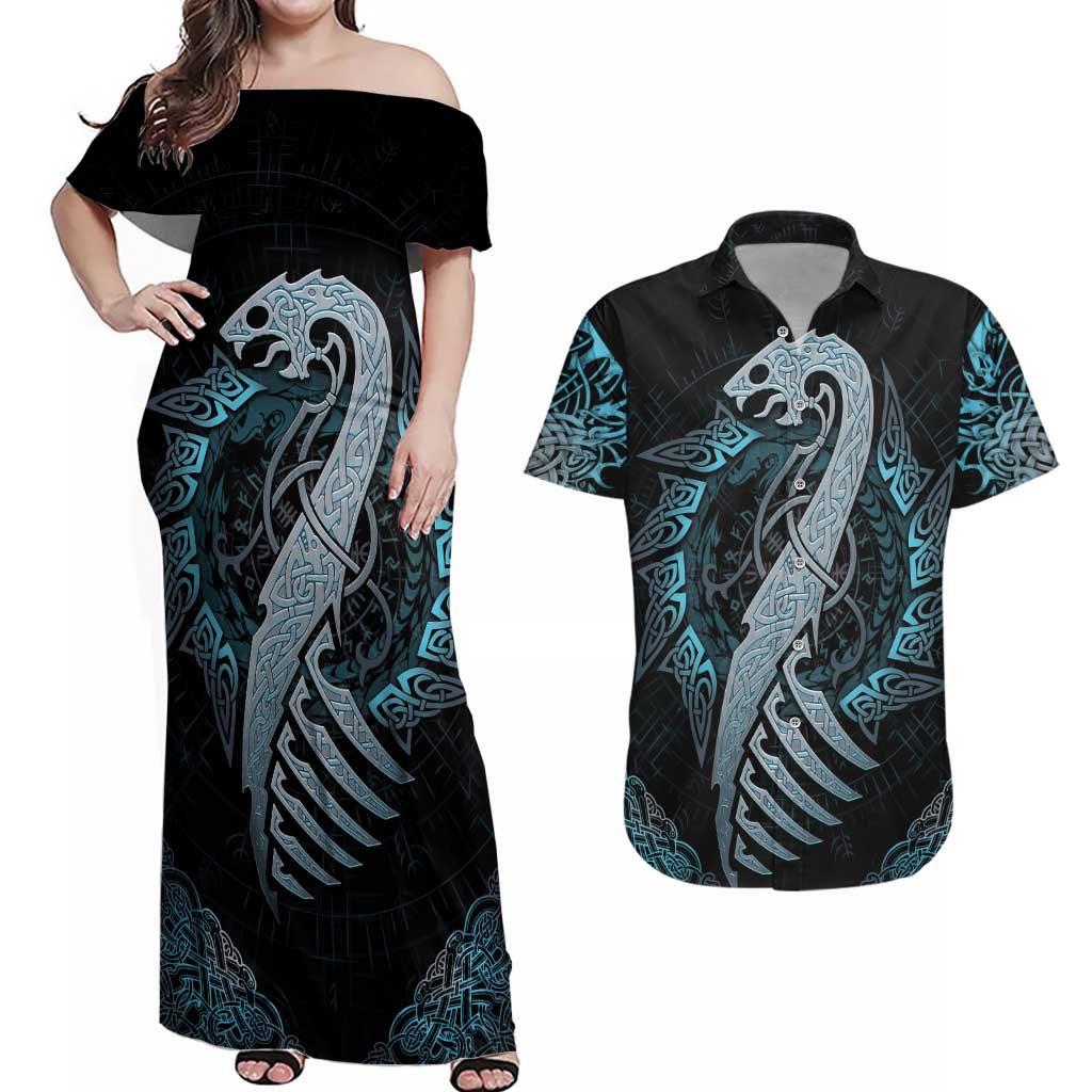 Dragon Viking With Runes Couples Matching Off Shoulder Maxi Dress and Hawaiian Shirt Blue Black - Wonder Print Shop