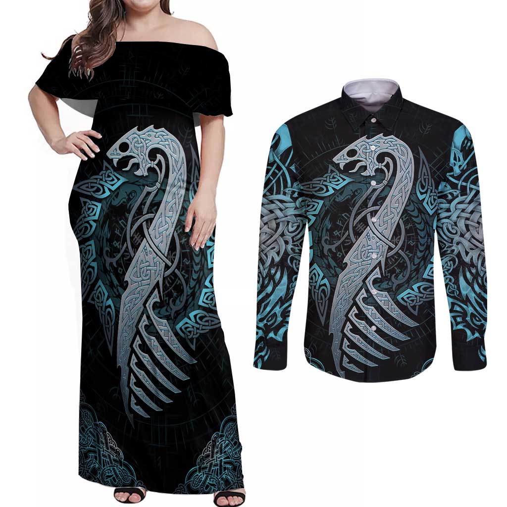 Dragon Viking With Runes Couples Matching Off Shoulder Maxi Dress and Long Sleeve Button Shirt Blue Black - Wonder Print Shop