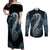 Dragon Viking With Runes Couples Matching Off Shoulder Maxi Dress and Long Sleeve Button Shirt Blue Black - Wonder Print Shop