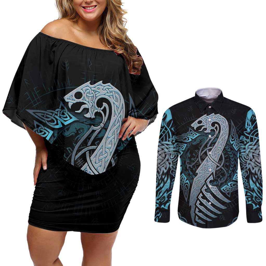 Dragon Viking With Runes Couples Matching Off Shoulder Short Dress and Long Sleeve Button Shirt Blue Black - Wonder Print Shop