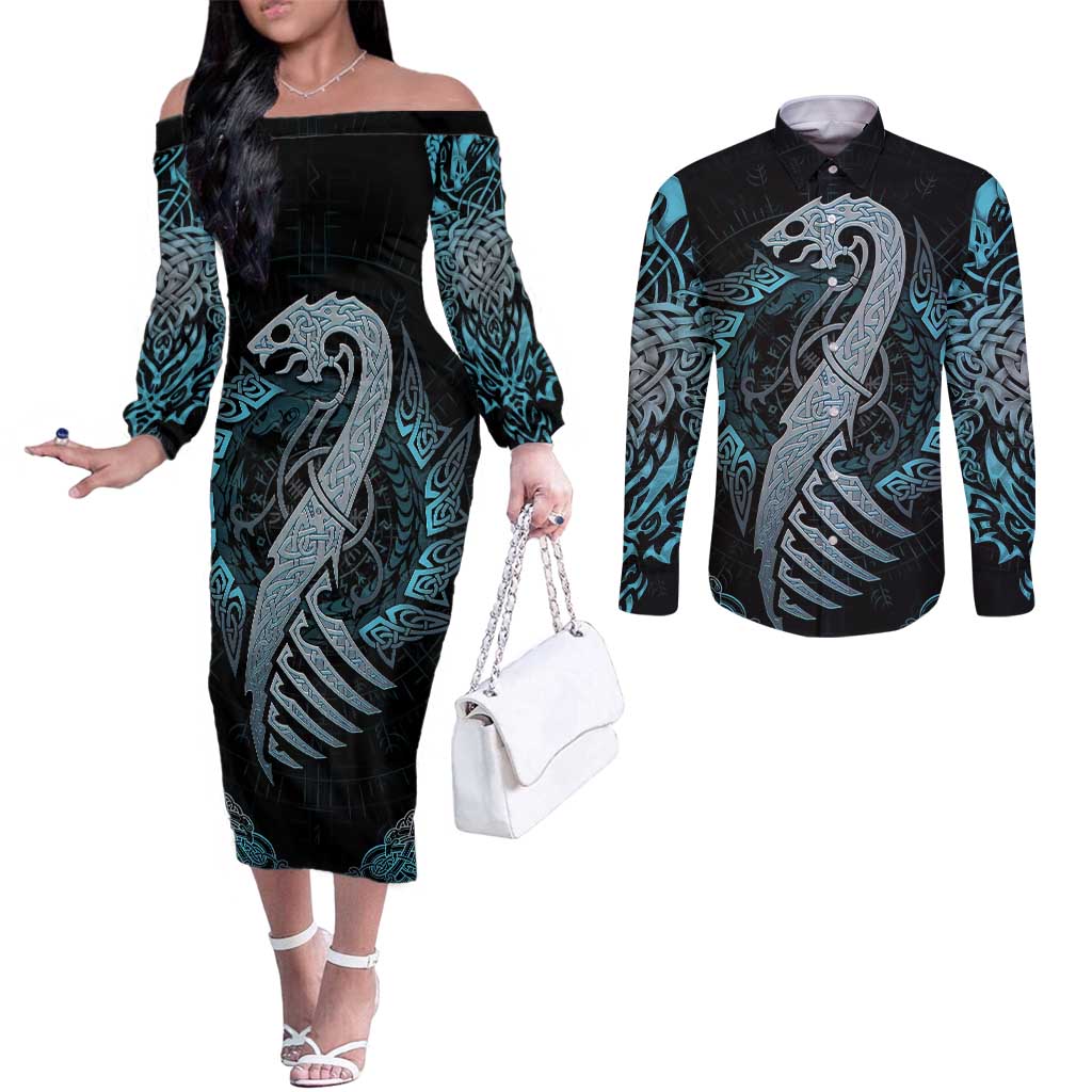 Dragon Viking With Runes Couples Matching Off The Shoulder Long Sleeve Dress and Long Sleeve Button Shirt Blue Black