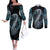 Dragon Viking With Runes Couples Matching Off The Shoulder Long Sleeve Dress and Long Sleeve Button Shirt Blue Black