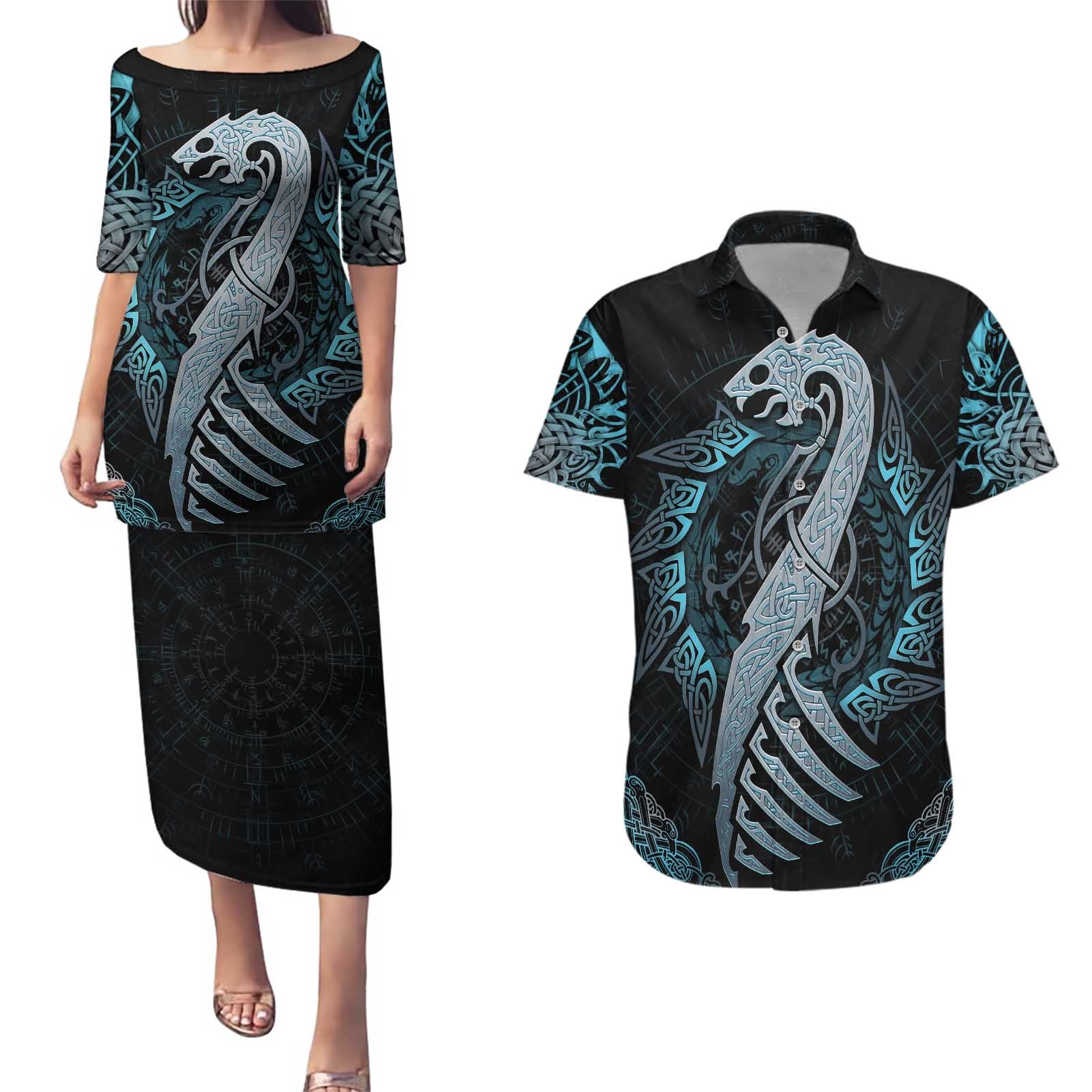 Dragon Viking With Runes Couples Matching Puletasi and Hawaiian Shirt Blue Black - Wonder Print Shop