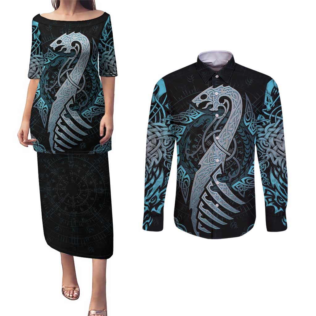 Dragon Viking With Runes Couples Matching Puletasi and Long Sleeve Button Shirt Blue Black - Wonder Print Shop