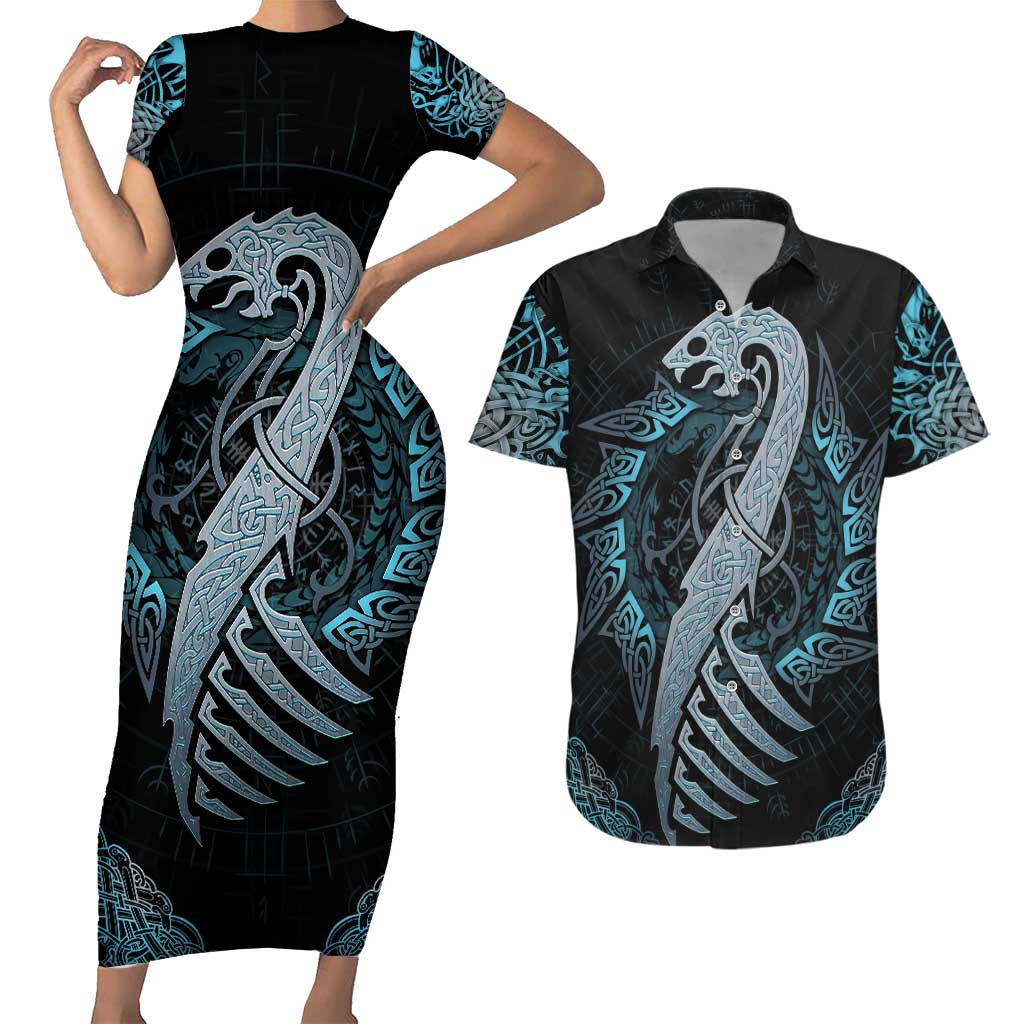 Dragon Viking With Runes Couples Matching Short Sleeve Bodycon Dress and Hawaiian Shirt Blue Black - Wonder Print Shop