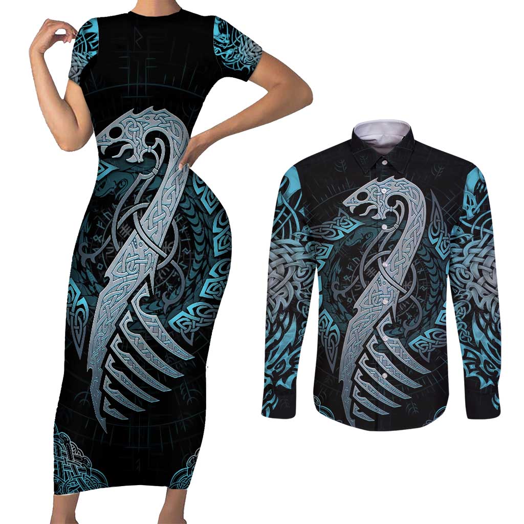 Dragon Viking With Runes Couples Matching Short Sleeve Bodycon Dress and Long Sleeve Button Shirt Blue Black - Wonder Print Shop