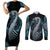 Dragon Viking With Runes Couples Matching Short Sleeve Bodycon Dress and Long Sleeve Button Shirt Blue Black - Wonder Print Shop