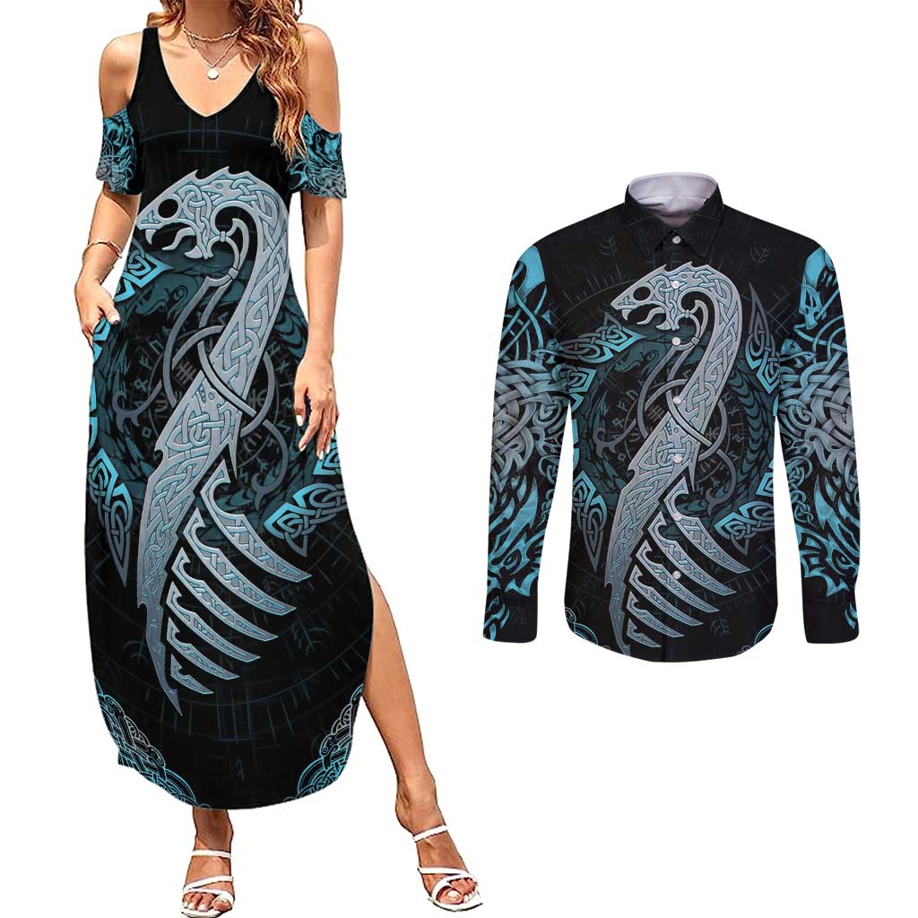 Dragon Viking With Runes Couples Matching Summer Maxi Dress and Long Sleeve Button Shirt Blue Black - Wonder Print Shop