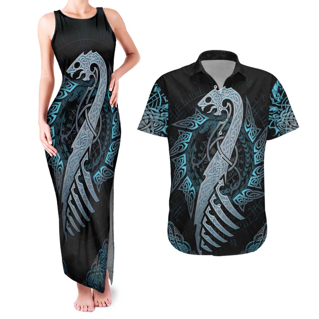 Dragon Viking With Runes Couples Matching Tank Maxi Dress and Hawaiian Shirt Blue Black - Wonder Print Shop