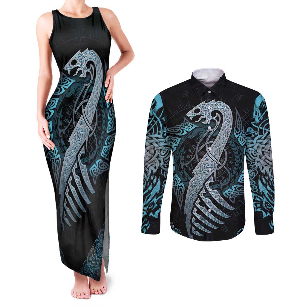 Dragon Viking With Runes Couples Matching Tank Maxi Dress and Long Sleeve Button Shirt Blue Black - Wonder Print Shop