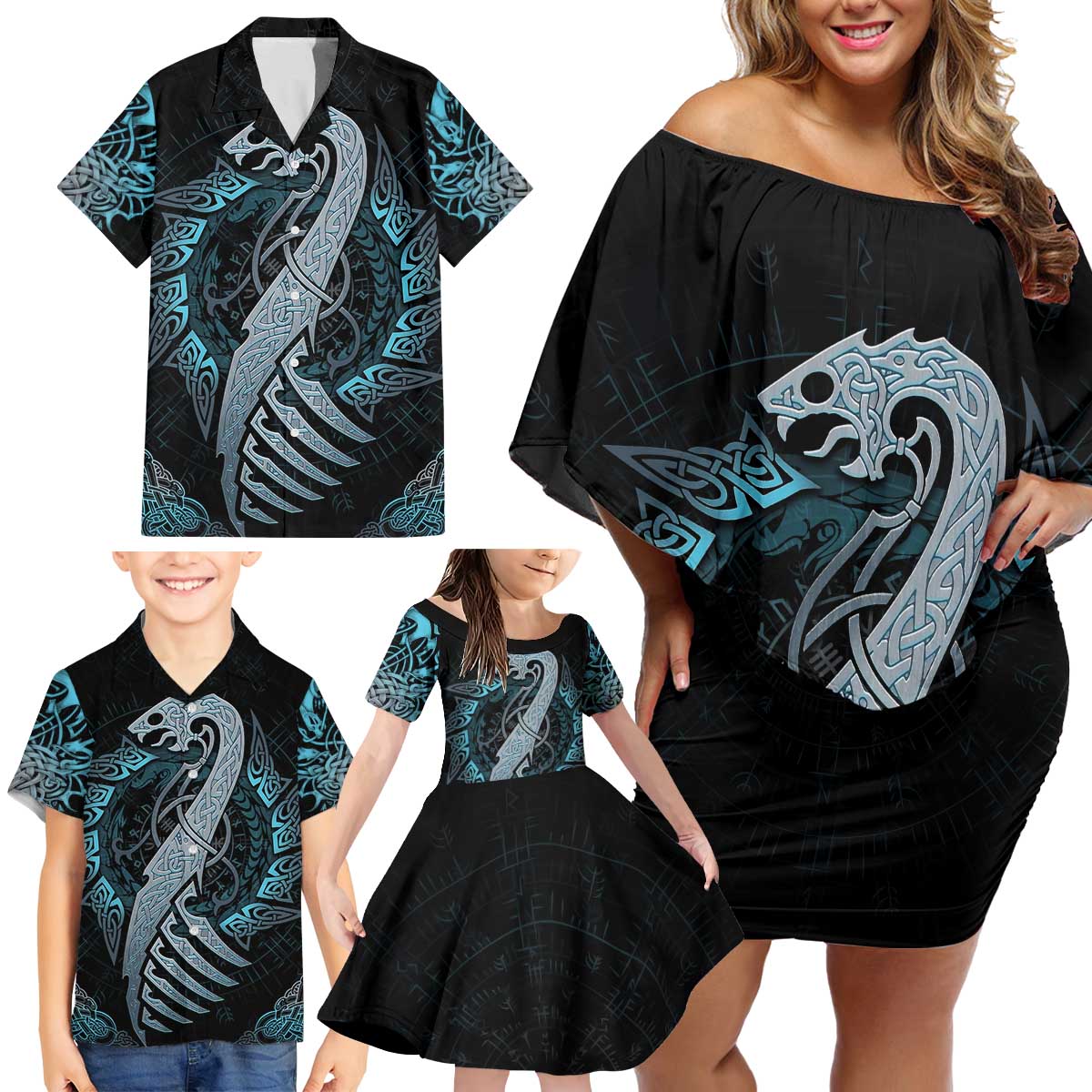 Dragon Viking With Runes Family Matching Off Shoulder Short Dress and Hawaiian Shirt Blue Black - Wonder Print Shop