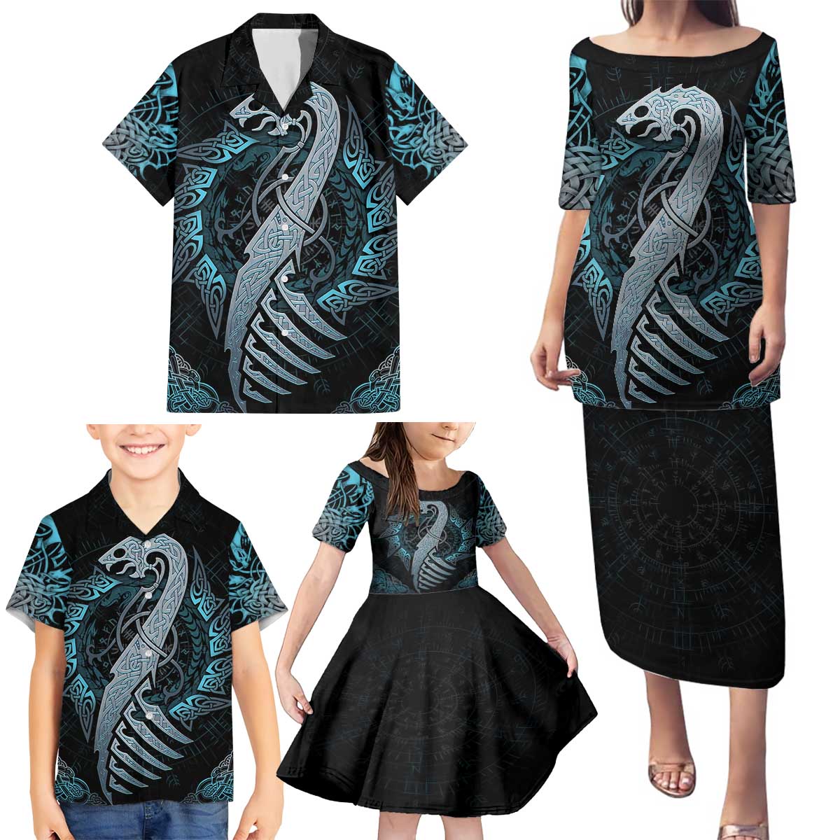 Dragon Viking With Runes Family Matching Puletasi and Hawaiian Shirt Blue Black - Wonder Print Shop