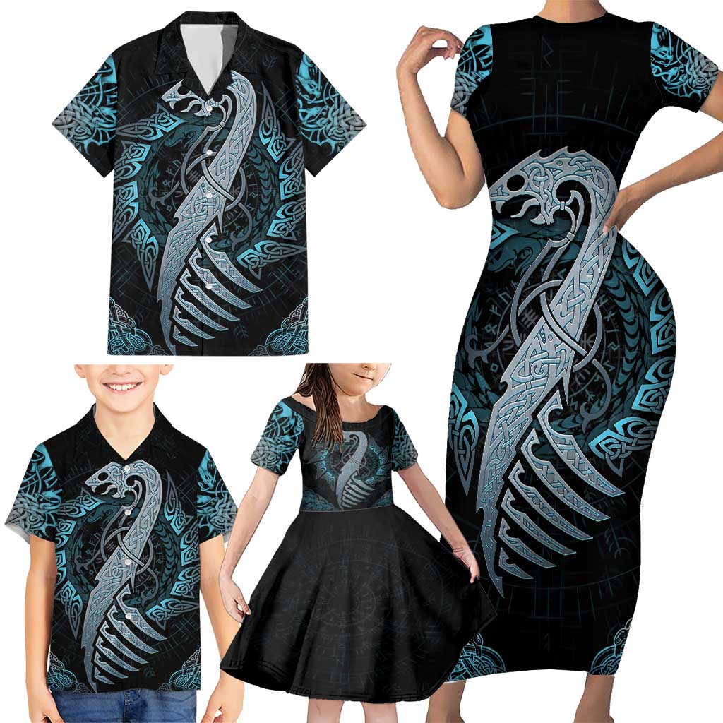 Dragon Viking With Runes Family Matching Short Sleeve Bodycon Dress and Hawaiian Shirt Blue Black - Wonder Print Shop