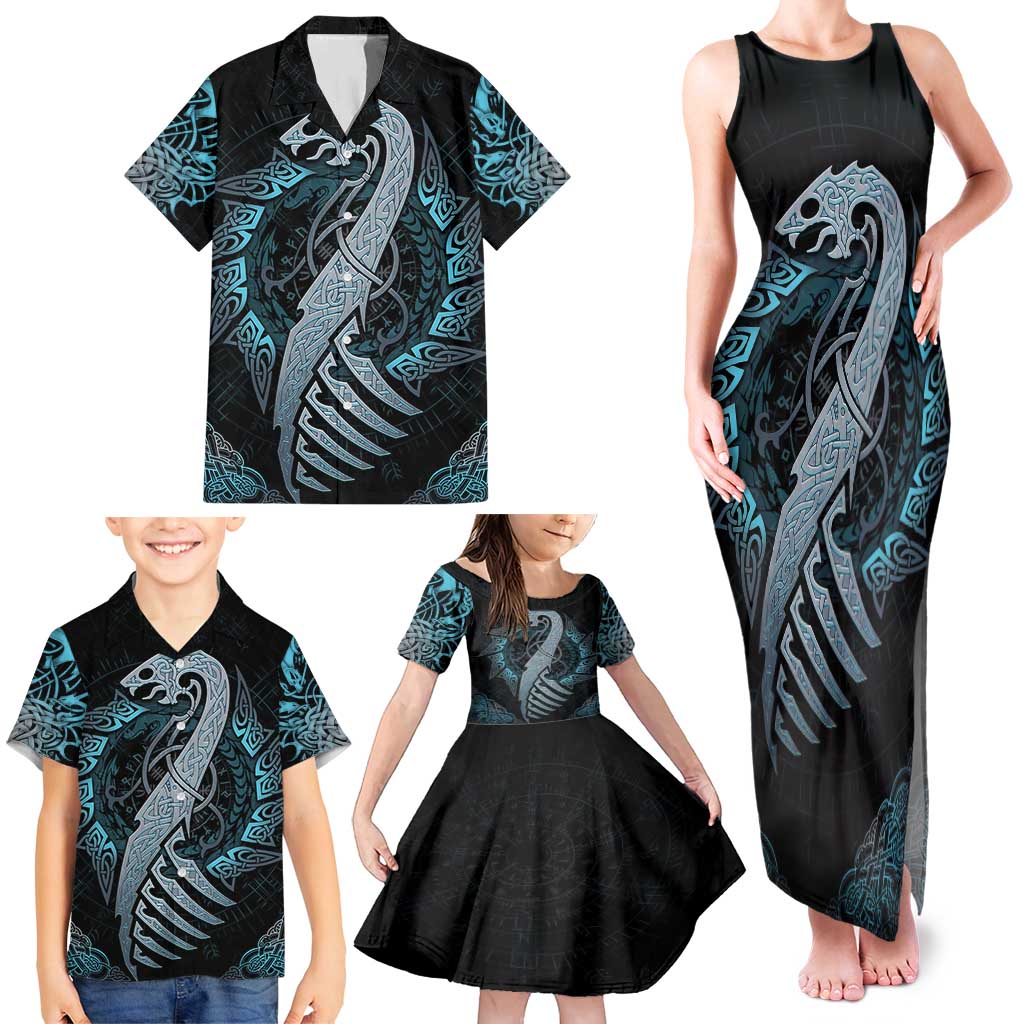 Dragon Viking With Runes Family Matching Tank Maxi Dress and Hawaiian Shirt Blue Black - Wonder Print Shop