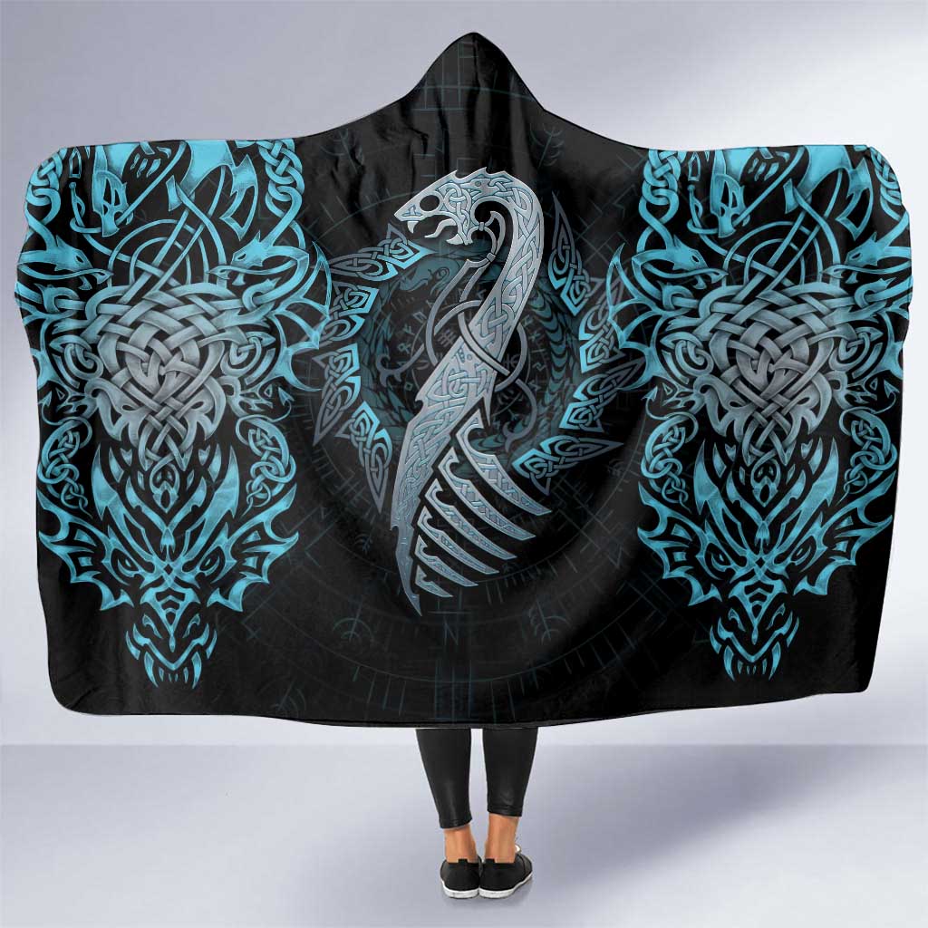 Dragon Viking With Runes Hooded Blanket Blue Black