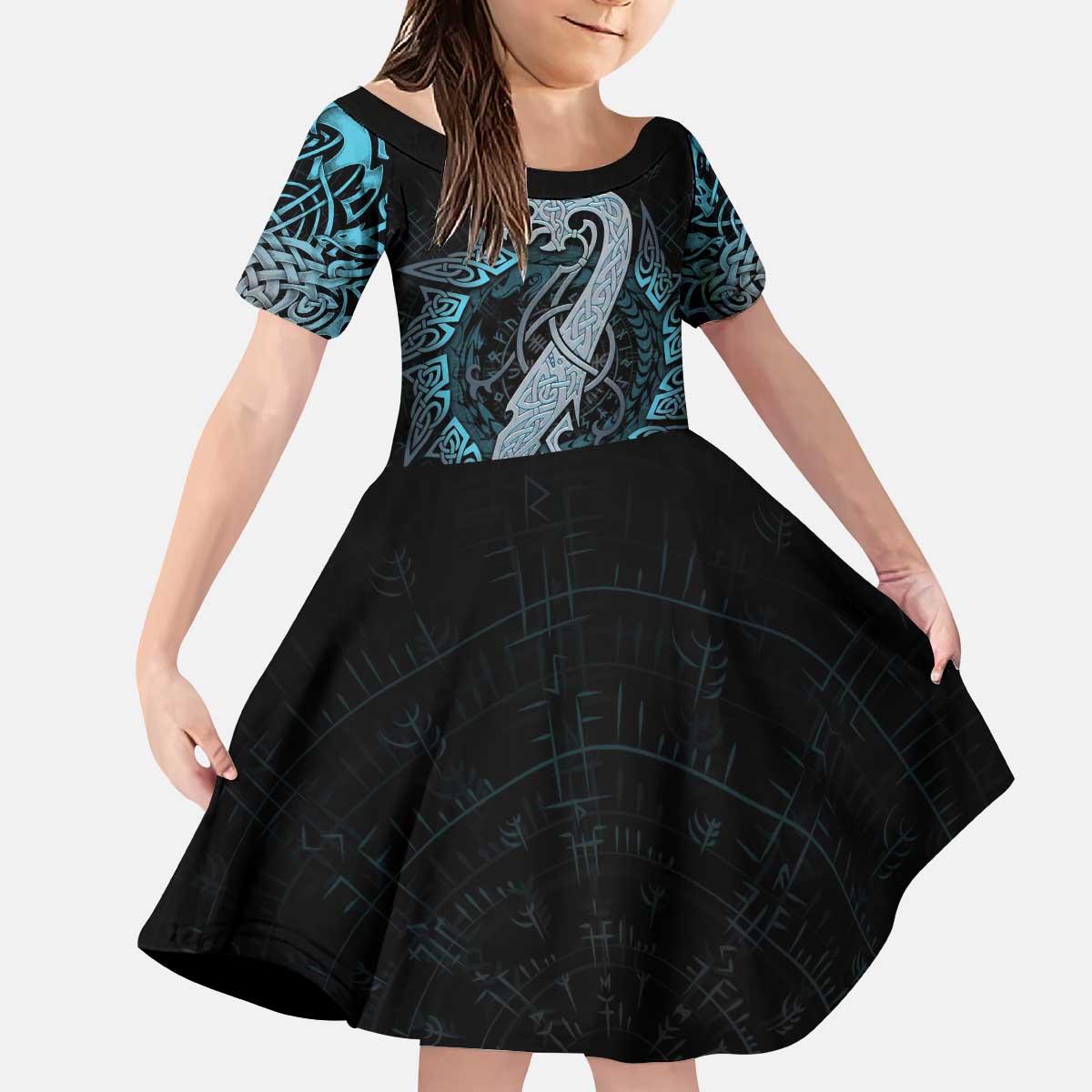 Dragon Viking With Runes Kid Short Sleeve Dress Blue Black - Wonder Print Shop