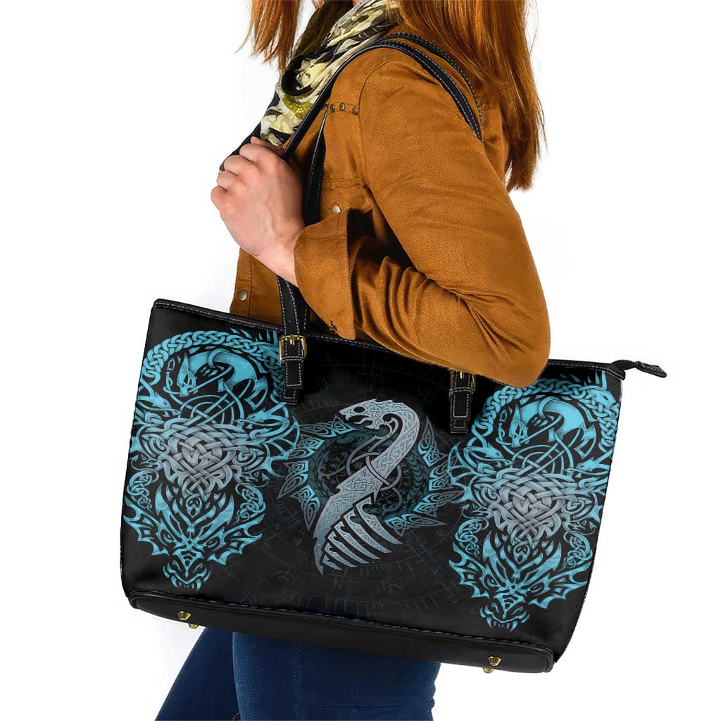 Dragon Viking With Runes Leather Tote Bag Blue Black - Wonder Print Shop