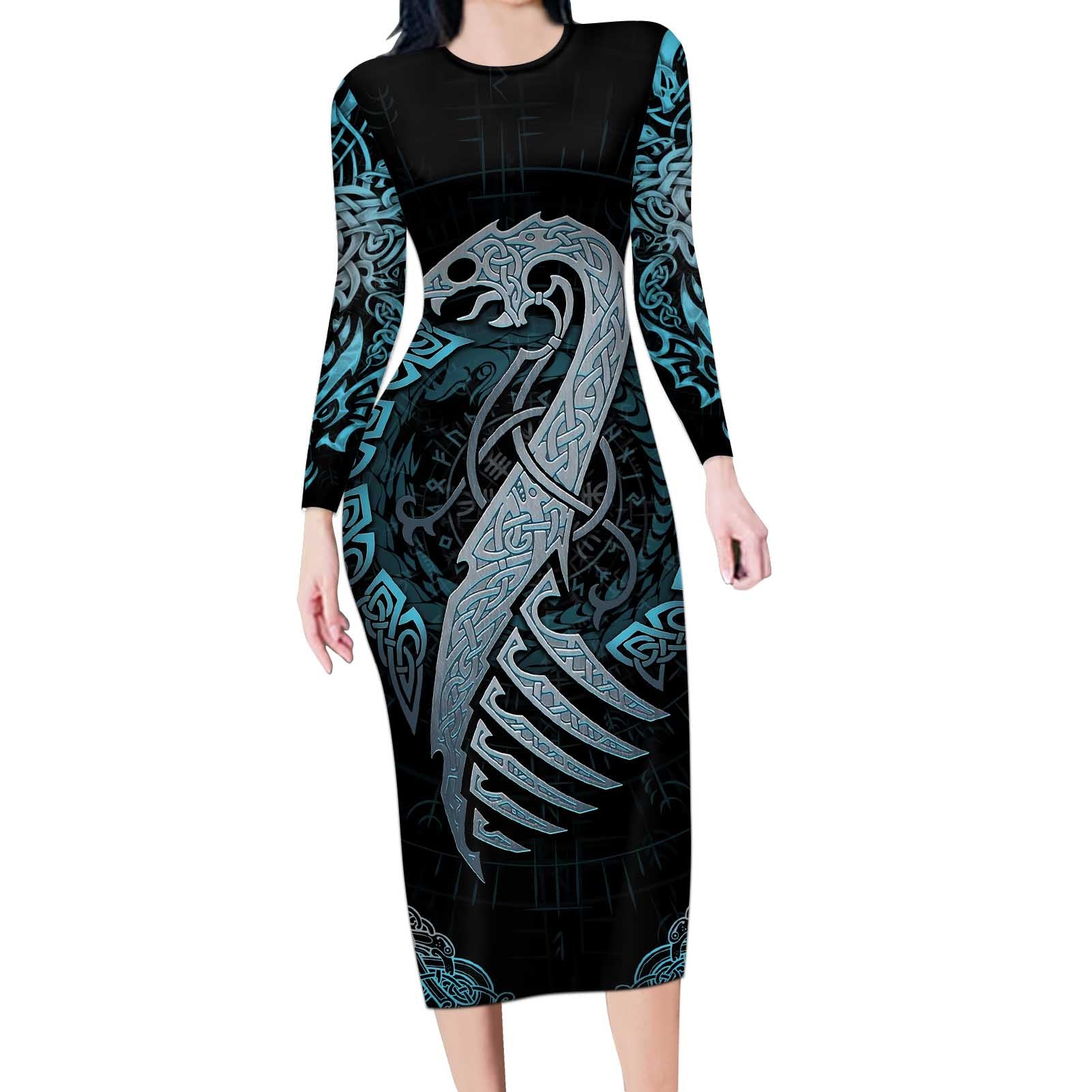 Dragon Viking With Runes Long Sleeve Bodycon Dress Blue Black - Wonder Print Shop