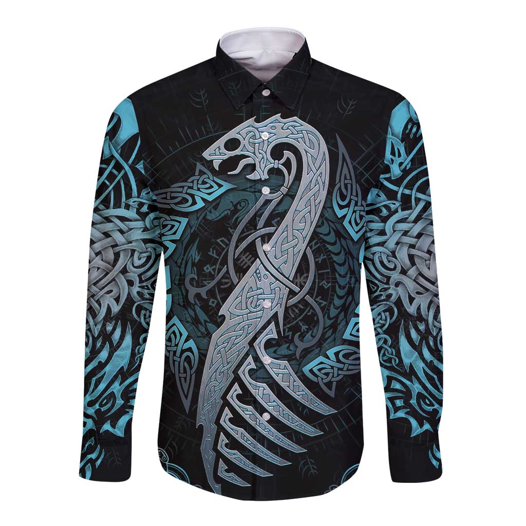 Unisex long-sleeve button shirt with blue dragon and rune graphic, black base