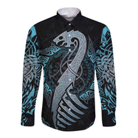 Unisex long-sleeve button shirt with blue dragon and rune graphic, black base