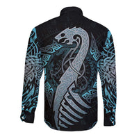 Unisex long-sleeve button shirt, back view with blue dragon rune artwork on black