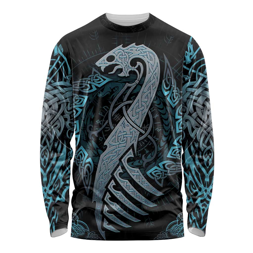 Dragon Viking With Runes Long Sleeve Shirt Blue Black - Wonder Print Shop