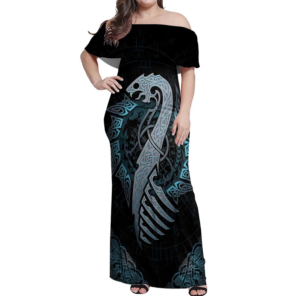 Dragon Viking With Runes Off Shoulder Maxi Dress Blue Black - Wonder Print Shop