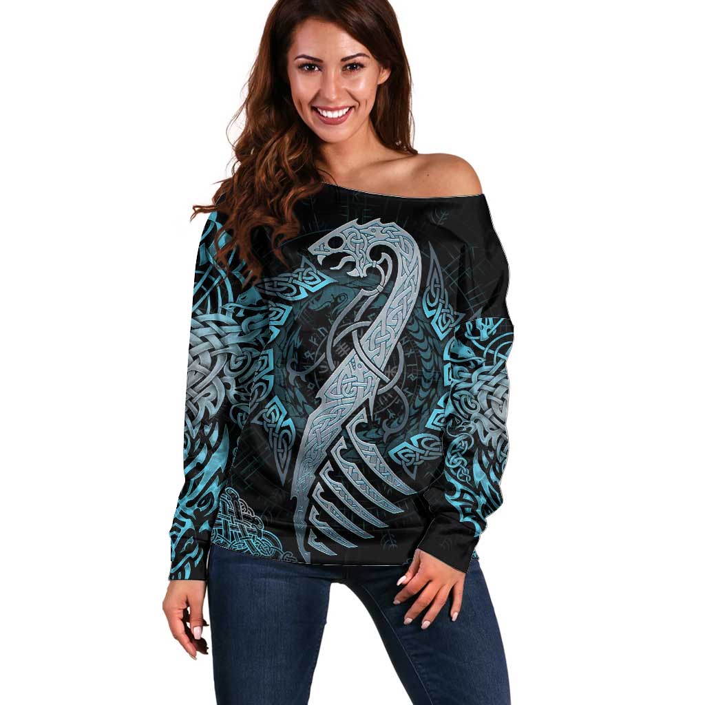 Dragon Viking With Runes Off Shoulder Sweater Blue Black - Wonder Print Shop