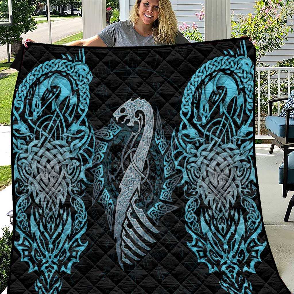 Dragon Viking With Runes Quilt Blue Black