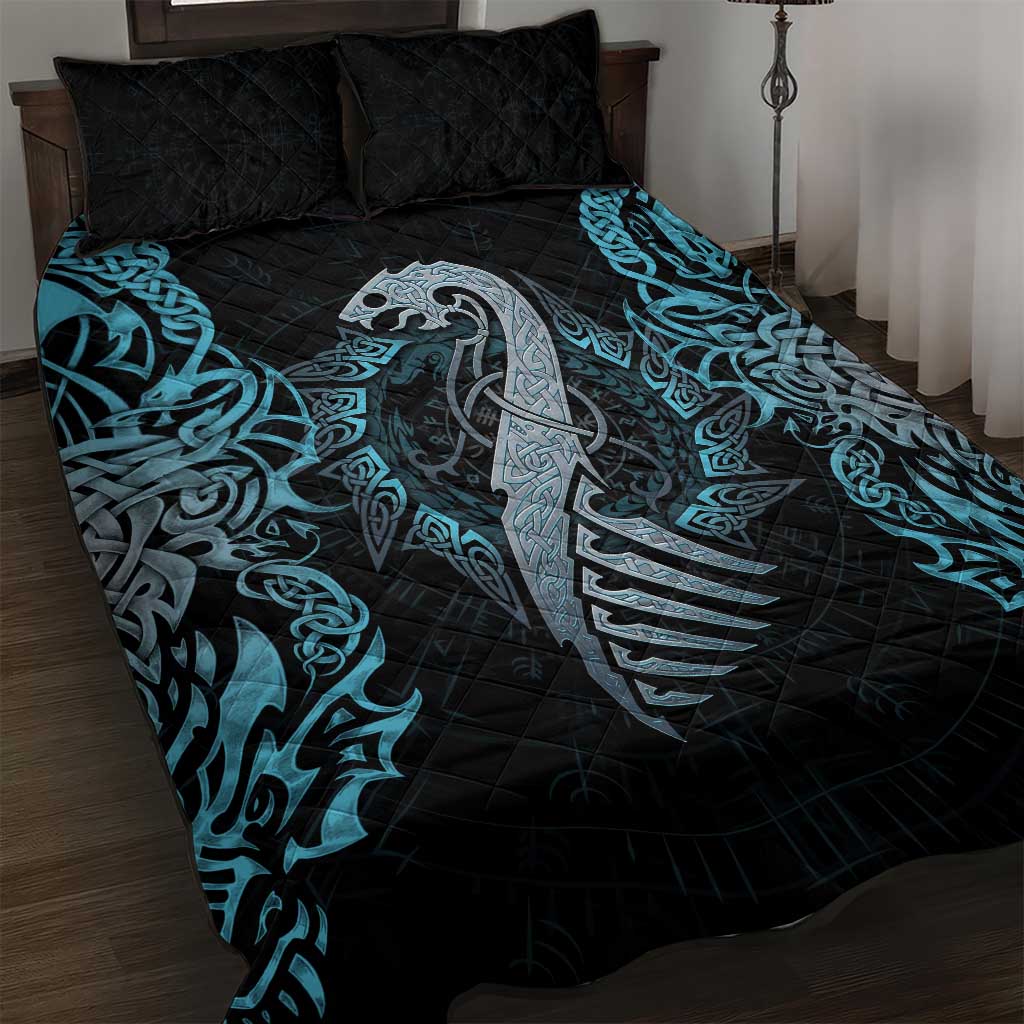 Dragon Viking With Runes Quilt Bed Set Blue Black