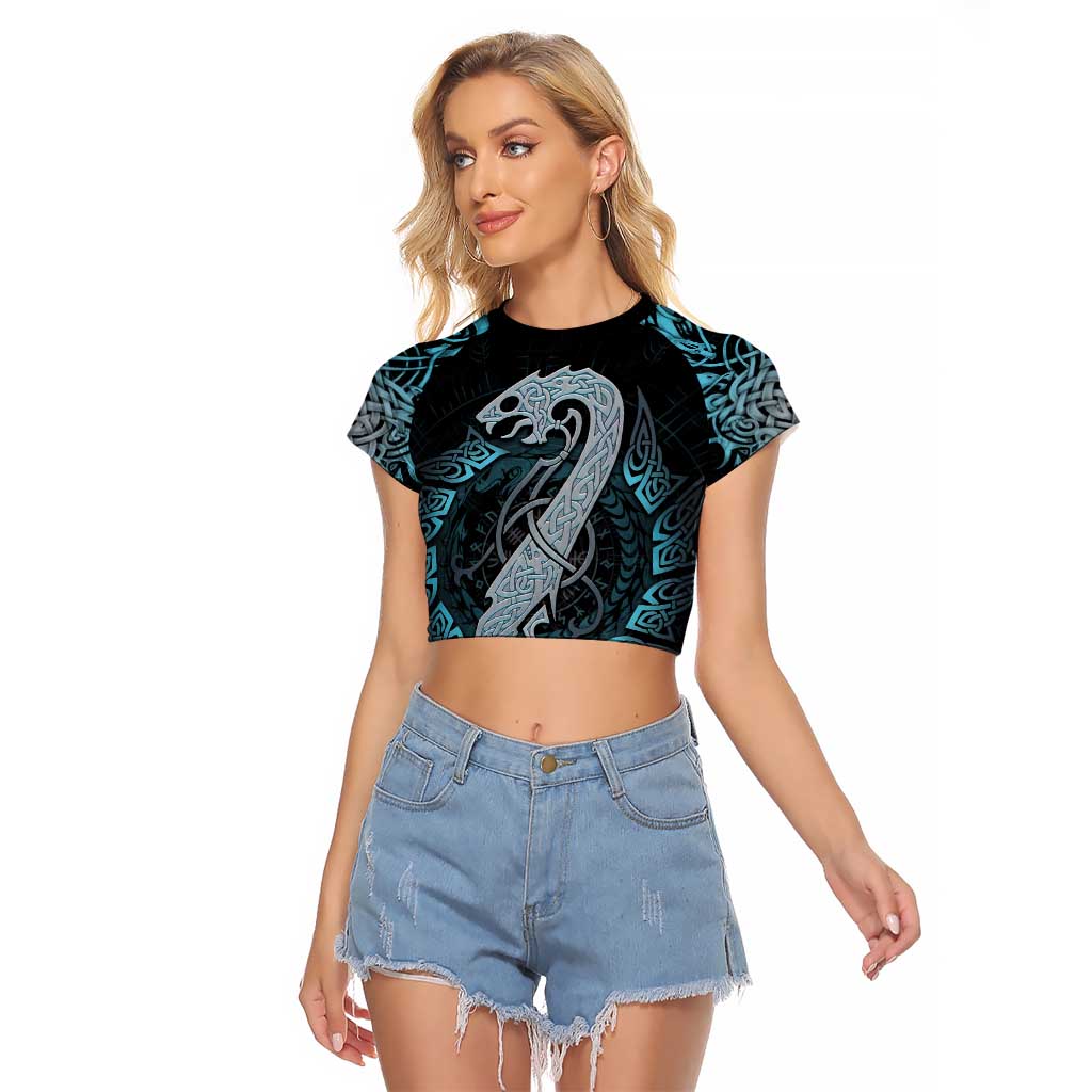 Dragon Viking With Runes Raglan Cropped T Shirt Blue Black