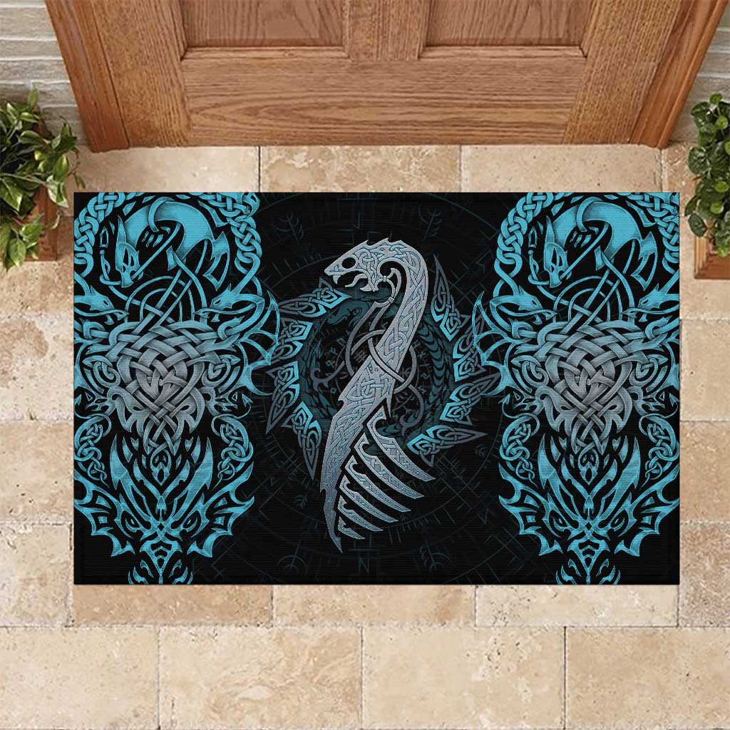 Dragon Viking With Runes Rubber Doormat Blue Black