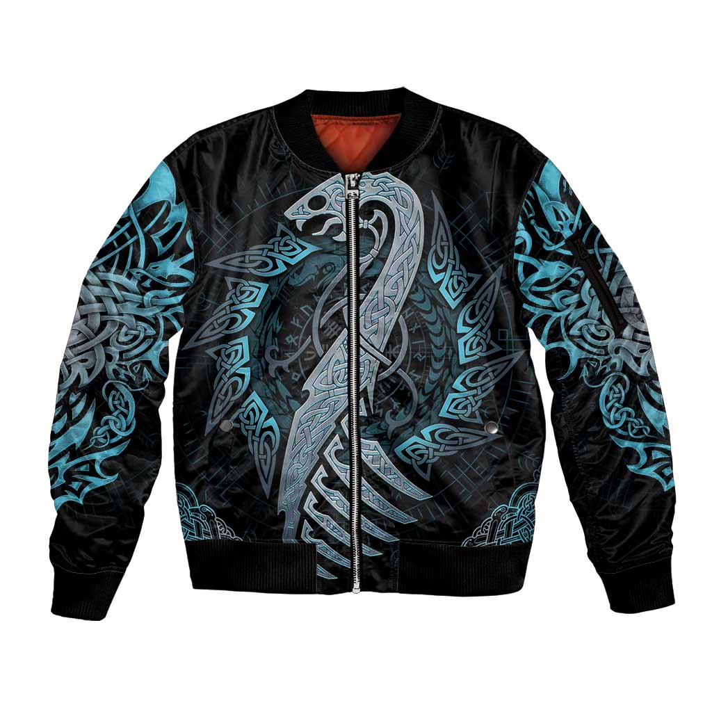 Dragon Viking With Runes Sleeve Zip Bomber Jacket Blue Black