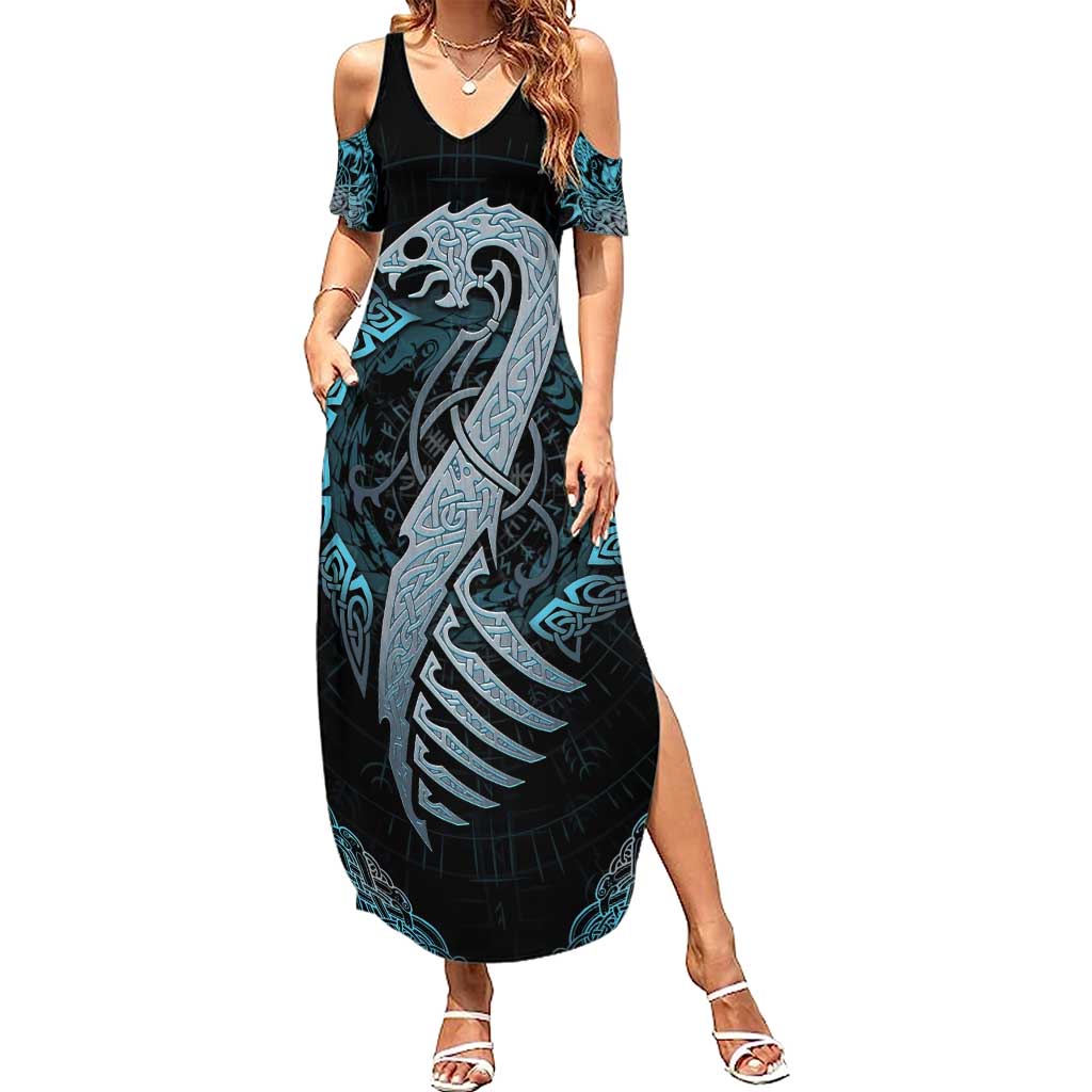 Dragon Viking With Runes Summer Maxi Dress Blue Black