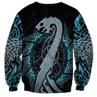 Unisex dragon rune sweatshirt, dark base with large teal-blue dragon crest front