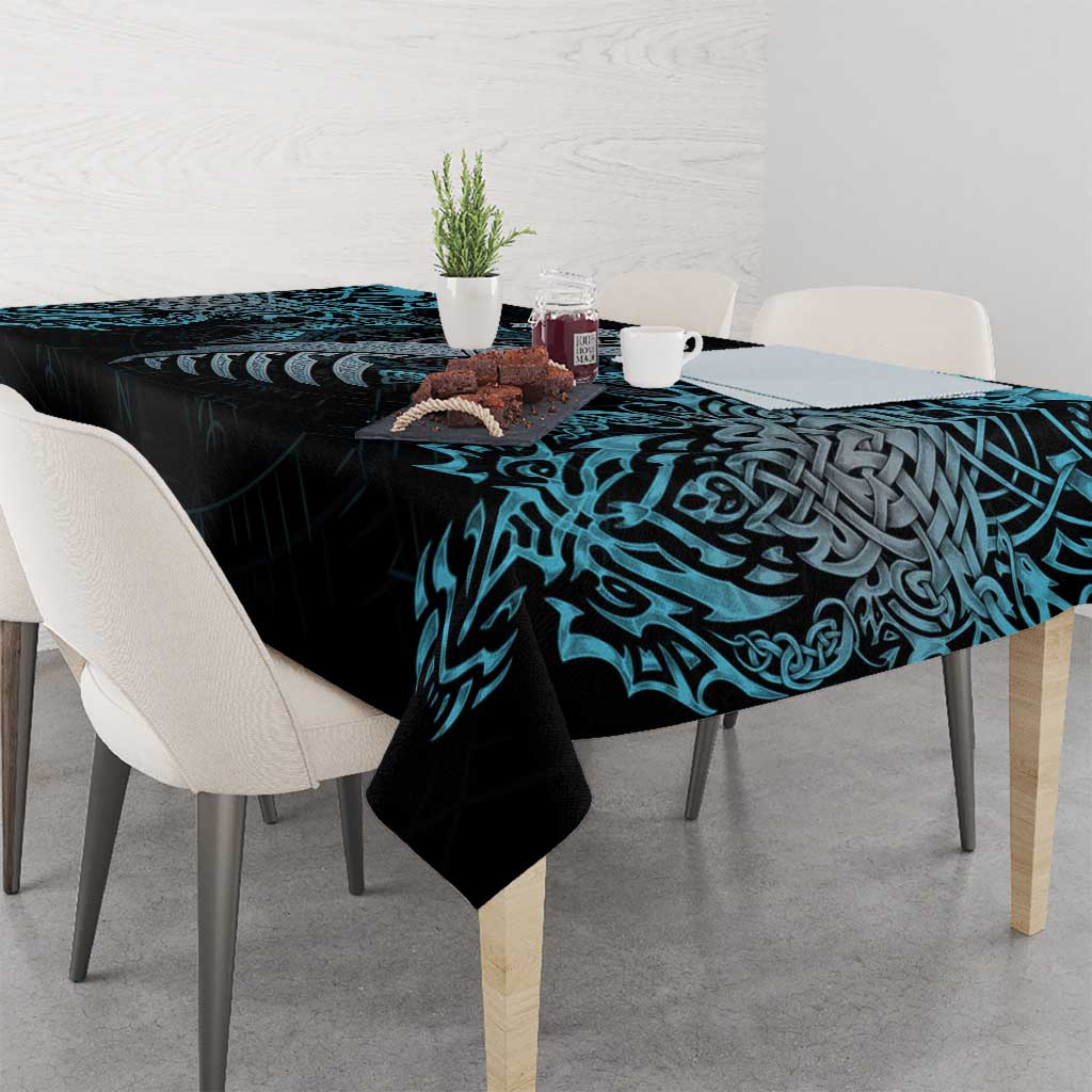 Blue dragon rune tablecloth with knotwork print on dining table