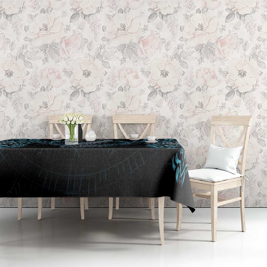 Dark blue and black dragon rune tablecloth with teal knotwork print