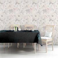 Dark blue and black dragon rune tablecloth with teal knotwork print